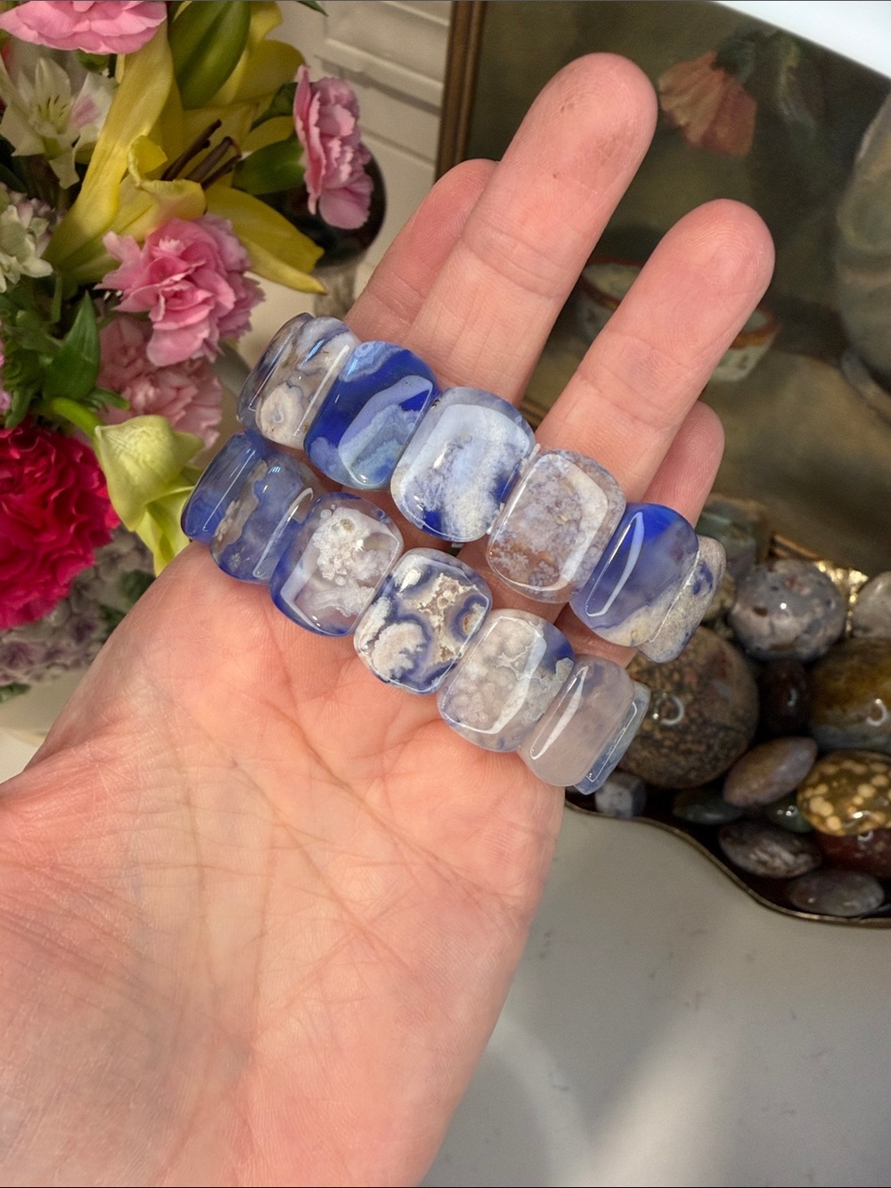 Blue Flower Agate Soft Bangle Bracelet (listing is for 1): B1128